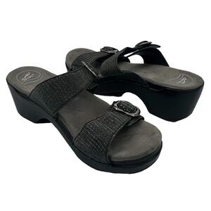 Dansko Sophie Pewter Black Leather Chunk Heel Slide Sandals Size 38 Women's